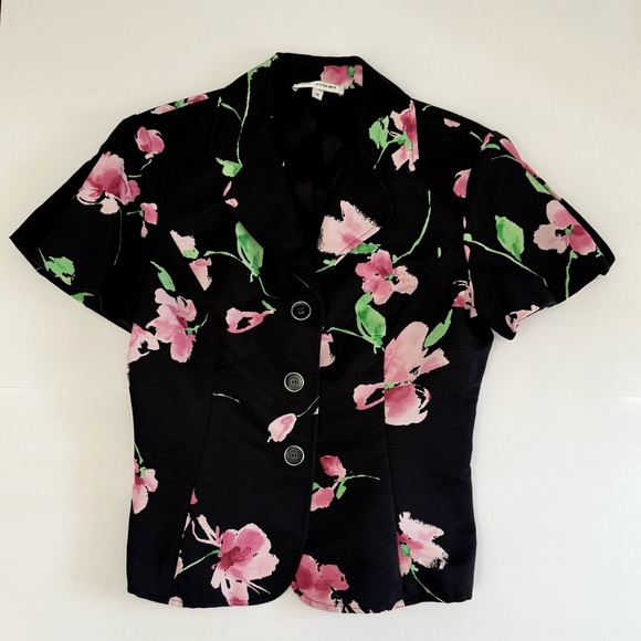 Vintage St. John Black Jacket Cropped Pink Floral Jacquard Textured Silk Lined - Picture 1 of 8